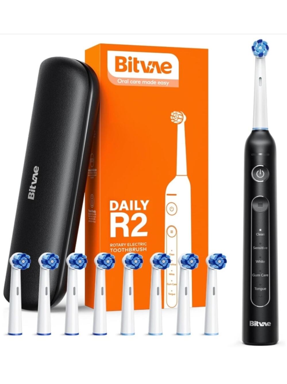 Bitvae R2 Electric Toothbrush Black 8 Heads Travel Case 5 Modes NEW